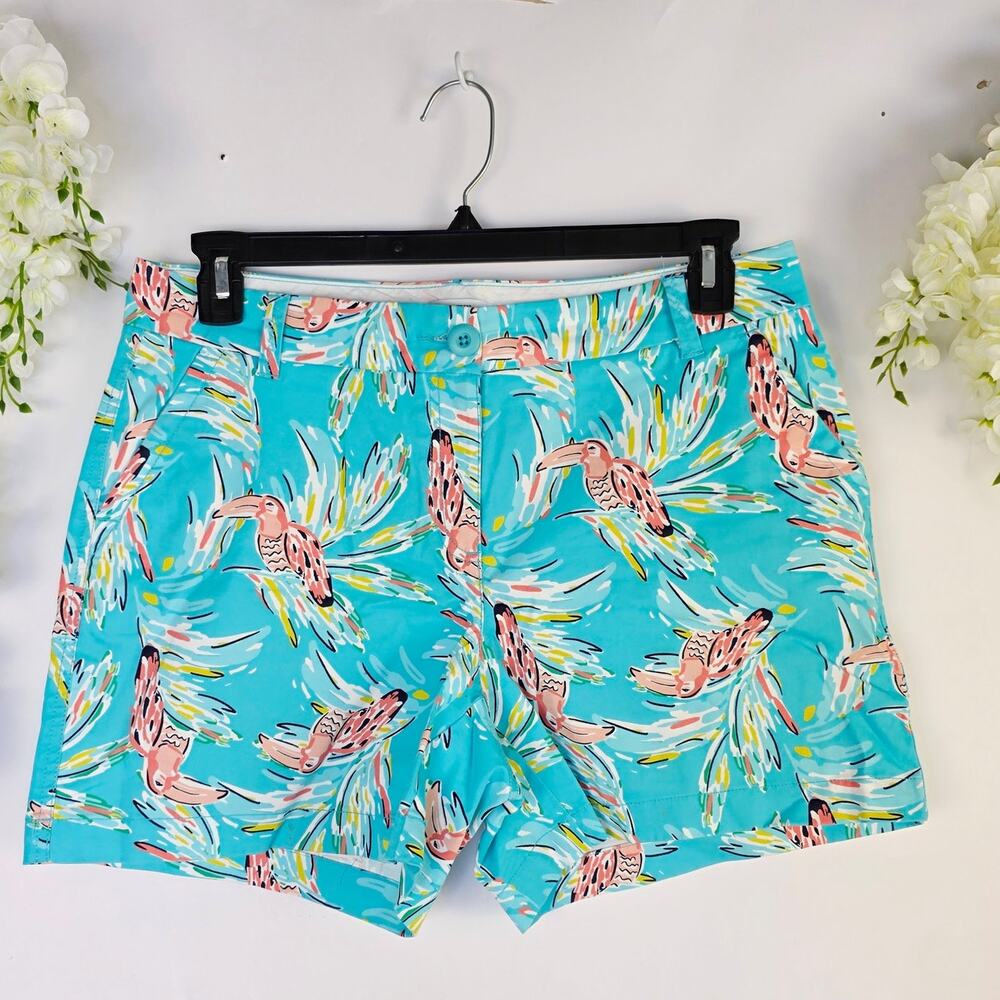 Crown & Ivy Caroline Shorts Sz 8 Blue Toucan Print Chino Preppy Coastal Tropical